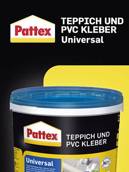 Behälter mit 'Pattex Teppich und PVC Kleber Universal', schwarzer Hintergrund, gelbe und blaue Details, hebt Kleber hervor.