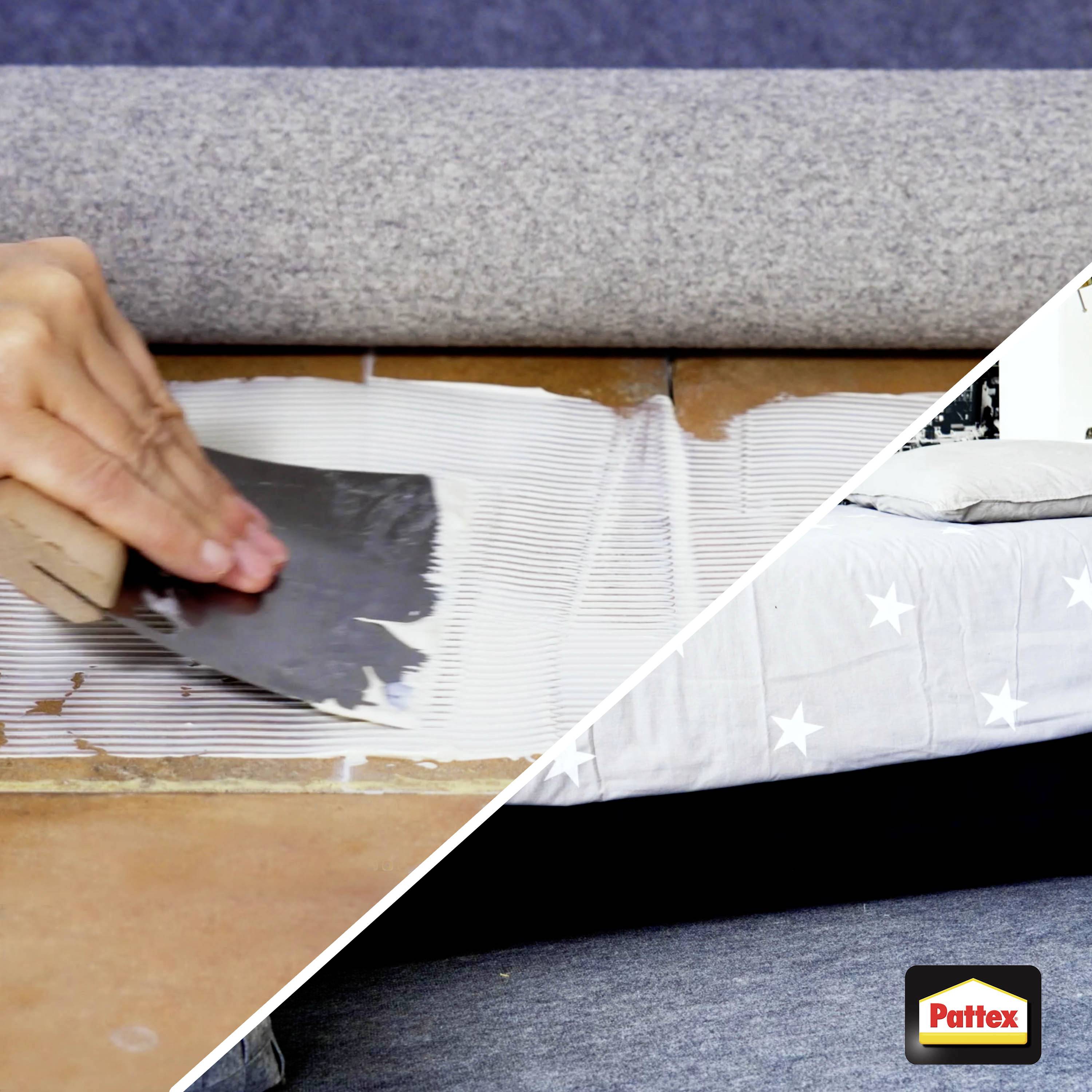 Eine Hand verteilt Klebstoff auf einer Bodenfliese mit einer Zahnspachtel, gefolgt von einem Bild eines Raumes mit einer sterngemusterten Decke. Pattex-Logo ist sichtbar.