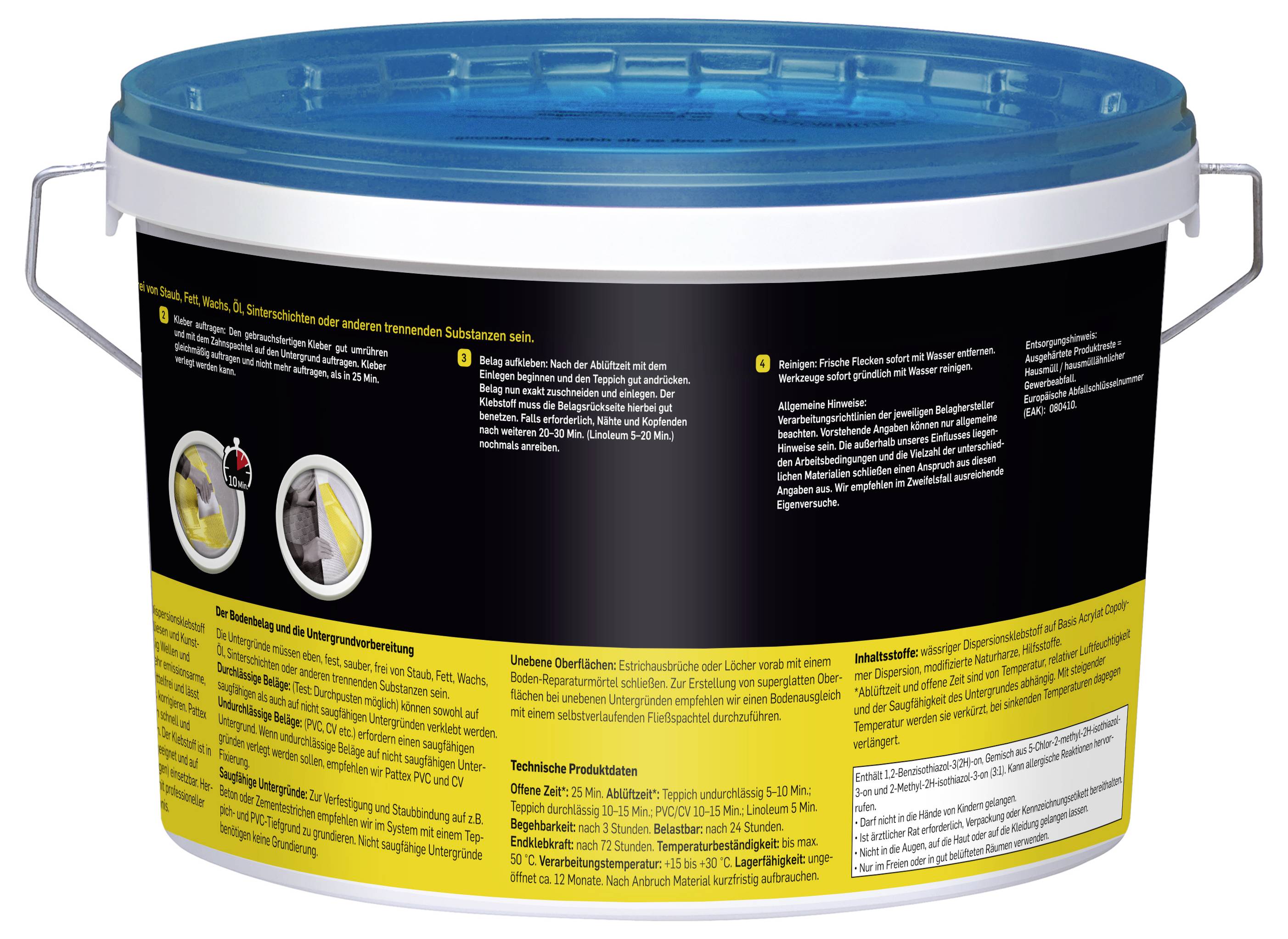 Eine weiße Wanne mit einem blauen Deckel und Metallgriff, versehen mit Produktanweisungen in deutscher Schrift, Sicherheitssymbolen und gelb-schwarzer Kennzeichnung.