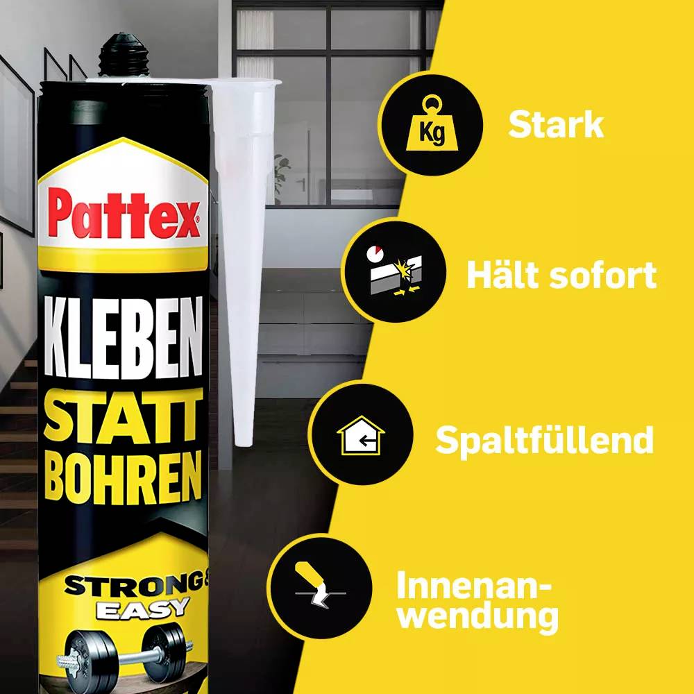 'Kleben statt Bohren' Kleber: Stark, hält sofort, spaltfüllend, für Innenanwendung. Produkt ist zentral vor modernem Wohnbereich platziert.