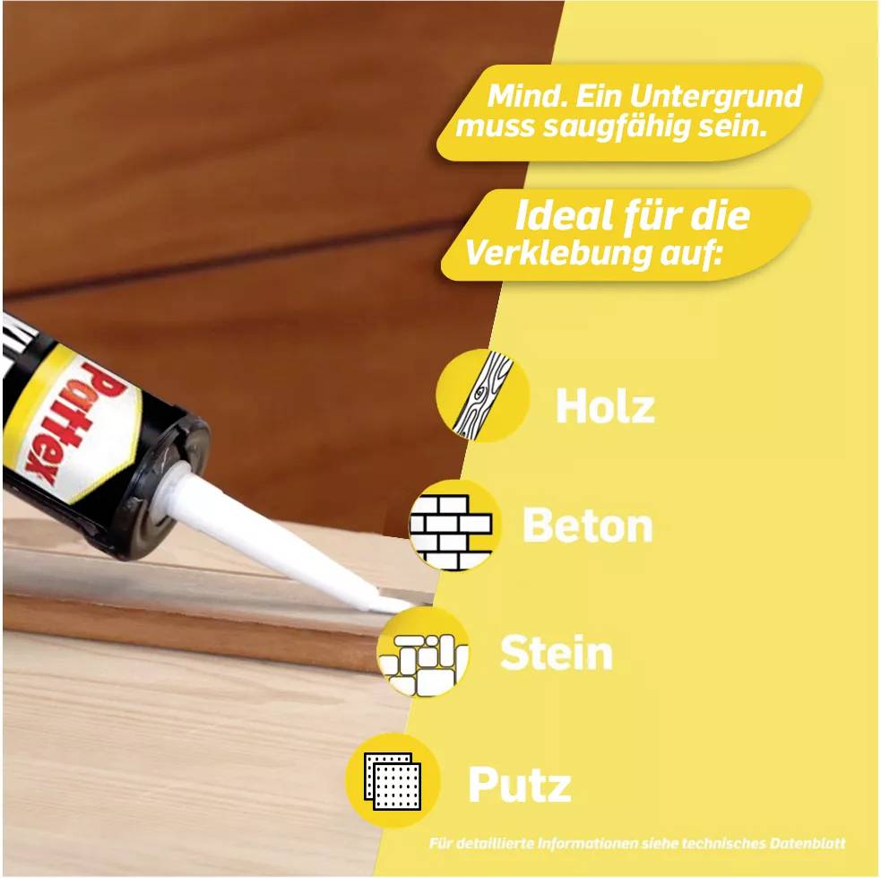 Eine Klebetube wird verwendet. Text: 'Mind. Ein Untergrund muss saugfähig sein. Ideal für die Verklebung auf: Holz, Beton, Stein, Putz.'