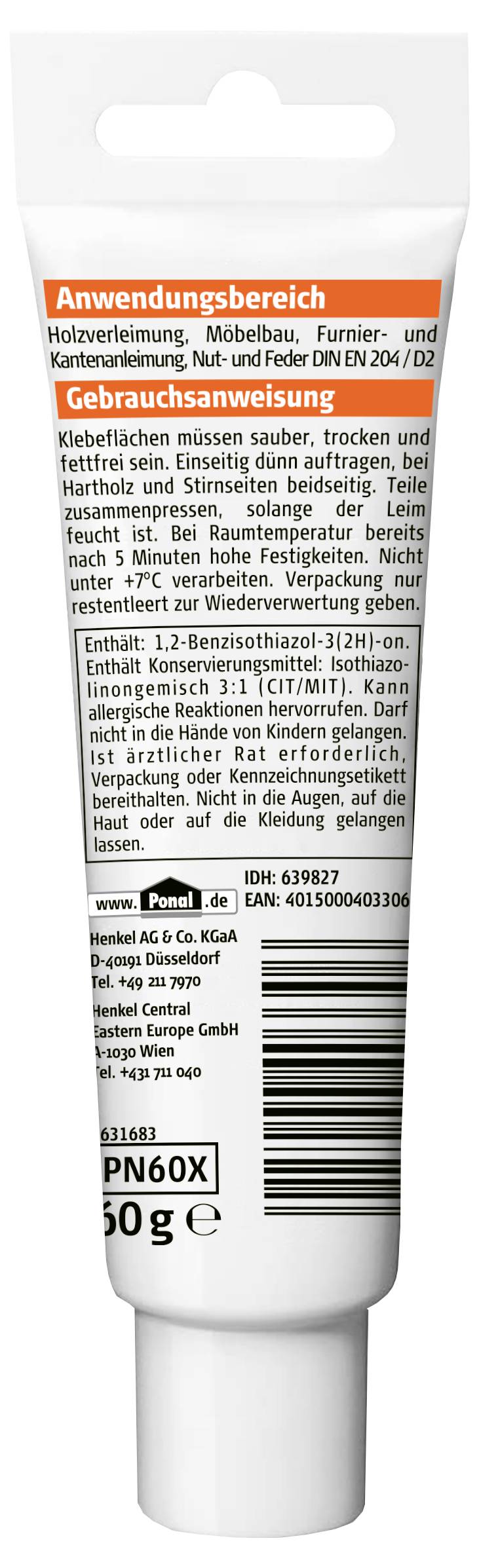 Eine Tube Holzleim mit Gebrauchsanweisung auf der Rückseite. Haupttexte: 'Anwendungsbereich', 'Gebrauchsanweisung', 'Inhalt'.