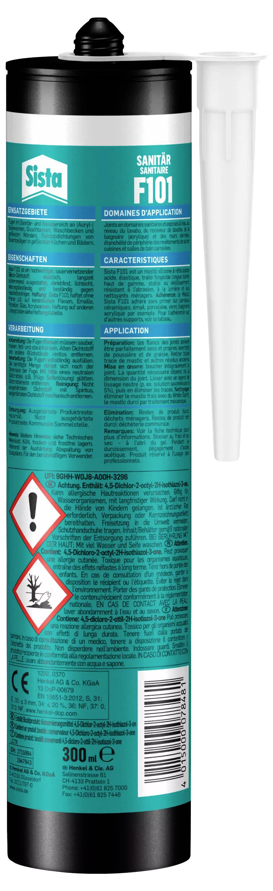 Tube mit grünem Etikett, Sista F101 Sanitär-Dichtstoff. Warnsymbole für Gesundheit und Umwelt. Enthält Applikationsdüse.