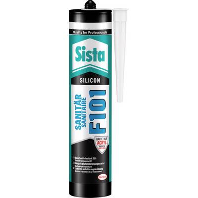 Kartusche mit Sista Sanitär-Silikon F101, geeignet zur Abdichtung im Sanitärbereich, mit weißer Dosierspitze.