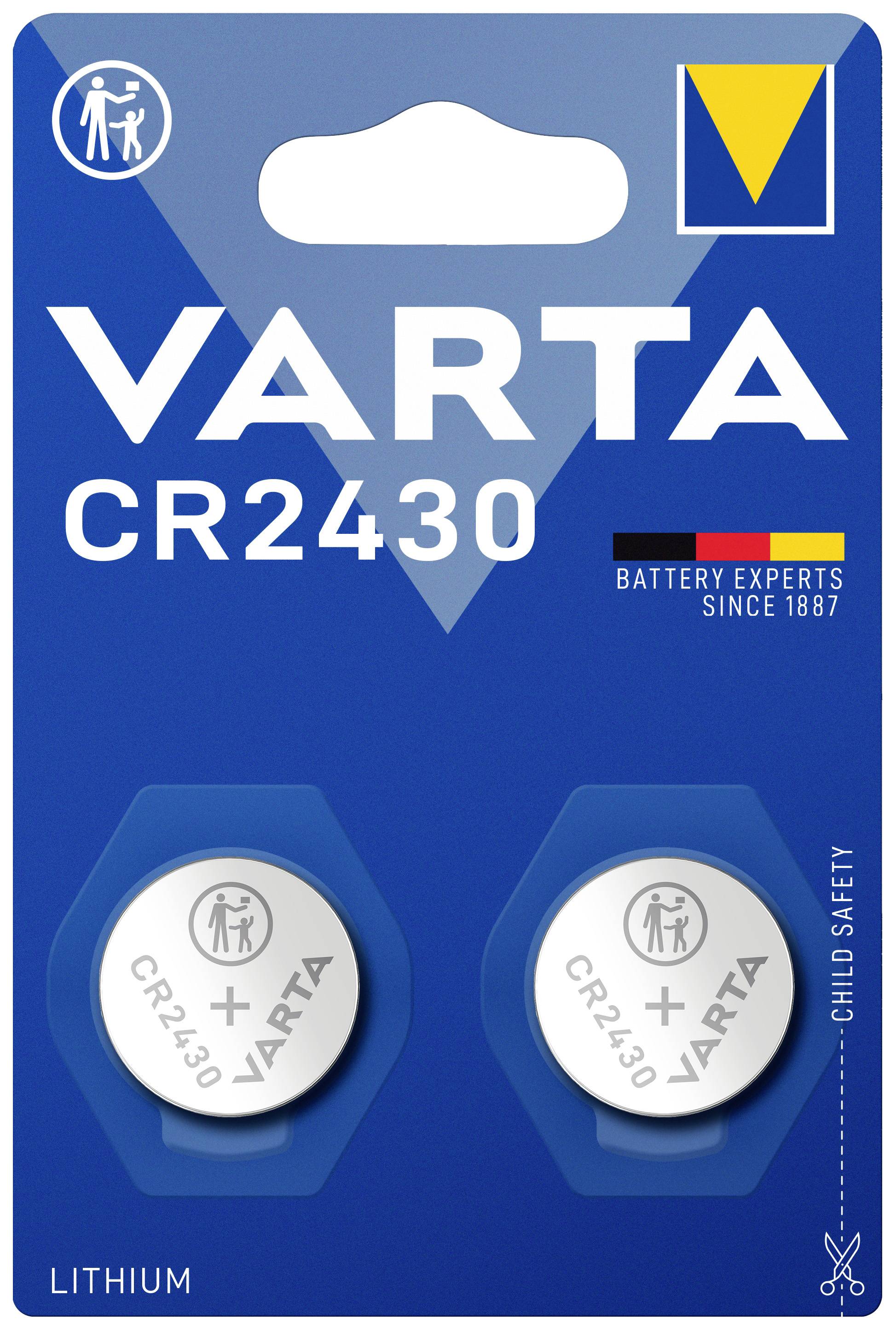 'VARTA CR2430 Lithium-Batterien, Kinder-Sicherheitsverschluss.' Verpackung mit zwei silbernen Knopfzellen.