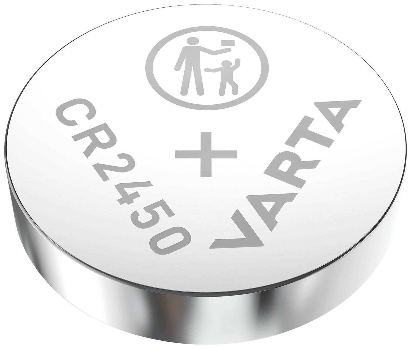Silberne Knopfzellenbatterie mit Aufschrift 'CR2450 VARTA' und Symbol für Vorsicht bei Kindern.