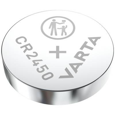 Silberne Knopfzellenbatterie mit Aufschrift 'CR2450 VARTA' und Symbol für Vorsicht bei Kindern.