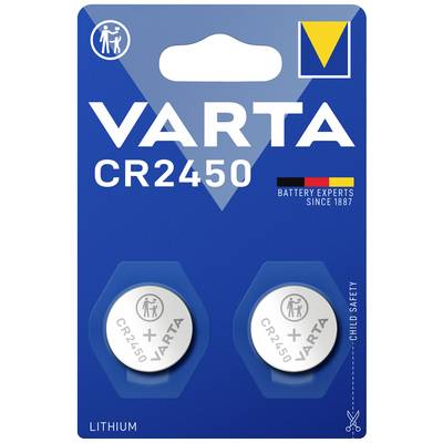 'VARTA CR2450 Lithium-Batterien, zwei Stück in Verpackung, geeignet für Sicherheitsanwendungen. Kindersicherheitslogo oben links.'