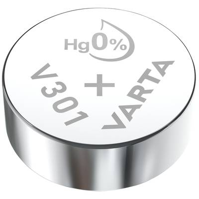 Silberfarbene Knopfzellenbatterie mit der Aufschrift 'Hg 0%', 'V301', und 'Varta'.
