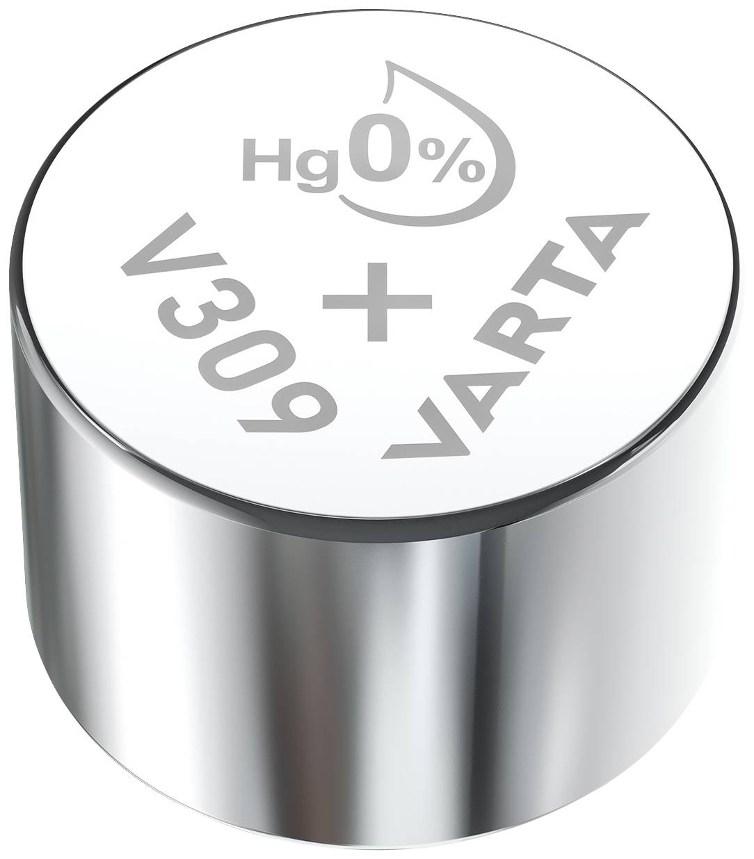 Eine silberne Knopfzellenbatterie mit der Aufschrift 'Hg 0%', 'V309', und 'VARTA', zeigt an, dass sie quecksilberfrei ist.
