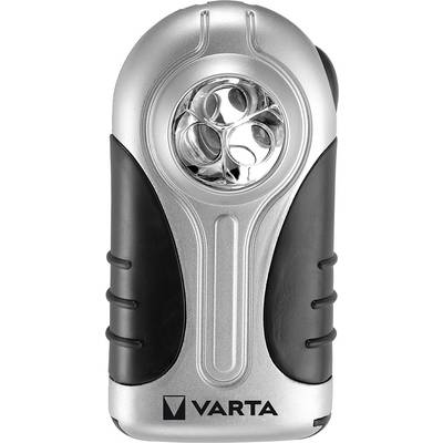 Taschenlampe mit silbernem und schwarzem Gehäuse und drei LED-Lampen vorne. Markenname 'Varta' unten auf dem Gehäuse.