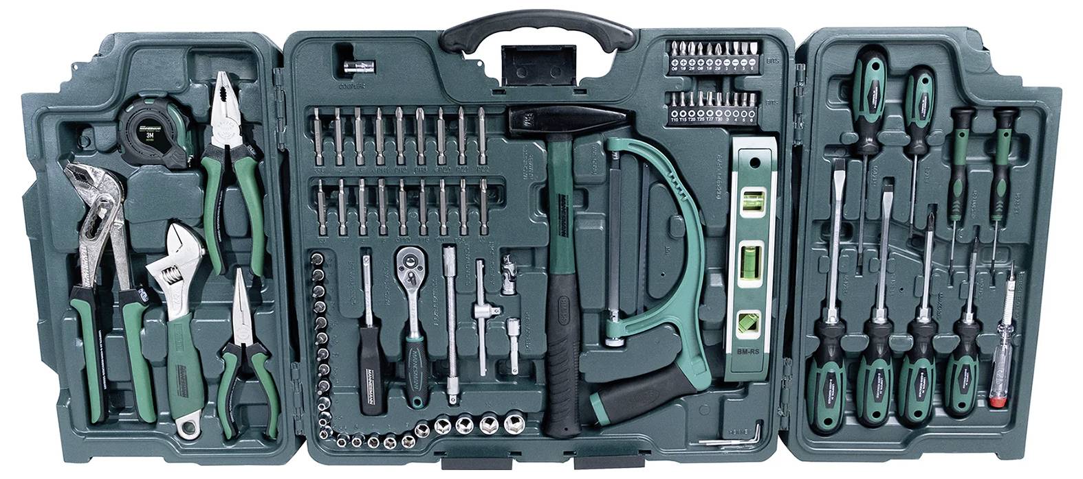 Offene Werkzeugkiste mit verschiedenen Handwerkzeugen, einschließlich Schraubenziehern, Zangen, Schraubschlüsseln und einem Hammer, in beschrifteten Fächern sortiert.