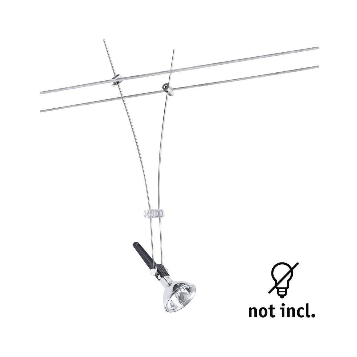Ein einzelner schwenkbarer Strahler hängt an einem Seilsystem. Aufschrift: 'not incl.' Hinweis auf fehlende Glühbirne.