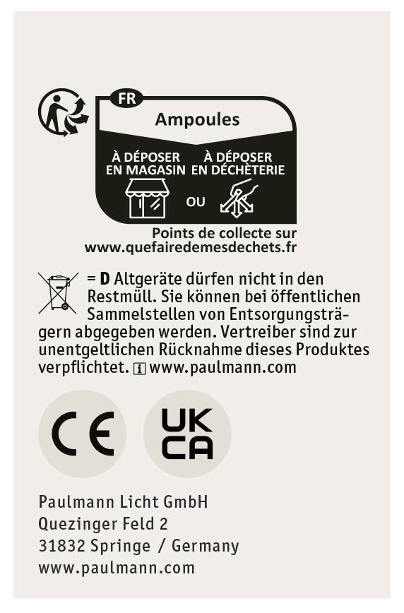 'Hinweisschild für die Entsorgung von Lampen: Altgeräte nicht im Hausmüll entsorgen. Informationen zur Rücknahme auf www.queffairedemesdechets.fr.'