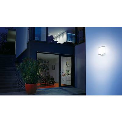 Moderne Hausfassade bei Nacht mit beleuchtetem Außenbereich, einer Glastür und einem großen Blumentopf vor dem Eingang.