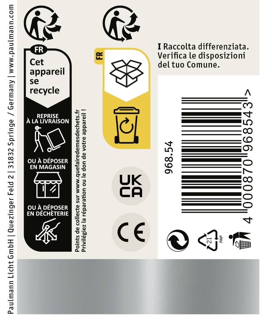 'Cet appareil se recycle' in französischem Text. Symbole für Recycling. Kontaktinformationen von Paulmann Licht GmbH. Barcodes sichtbar.
