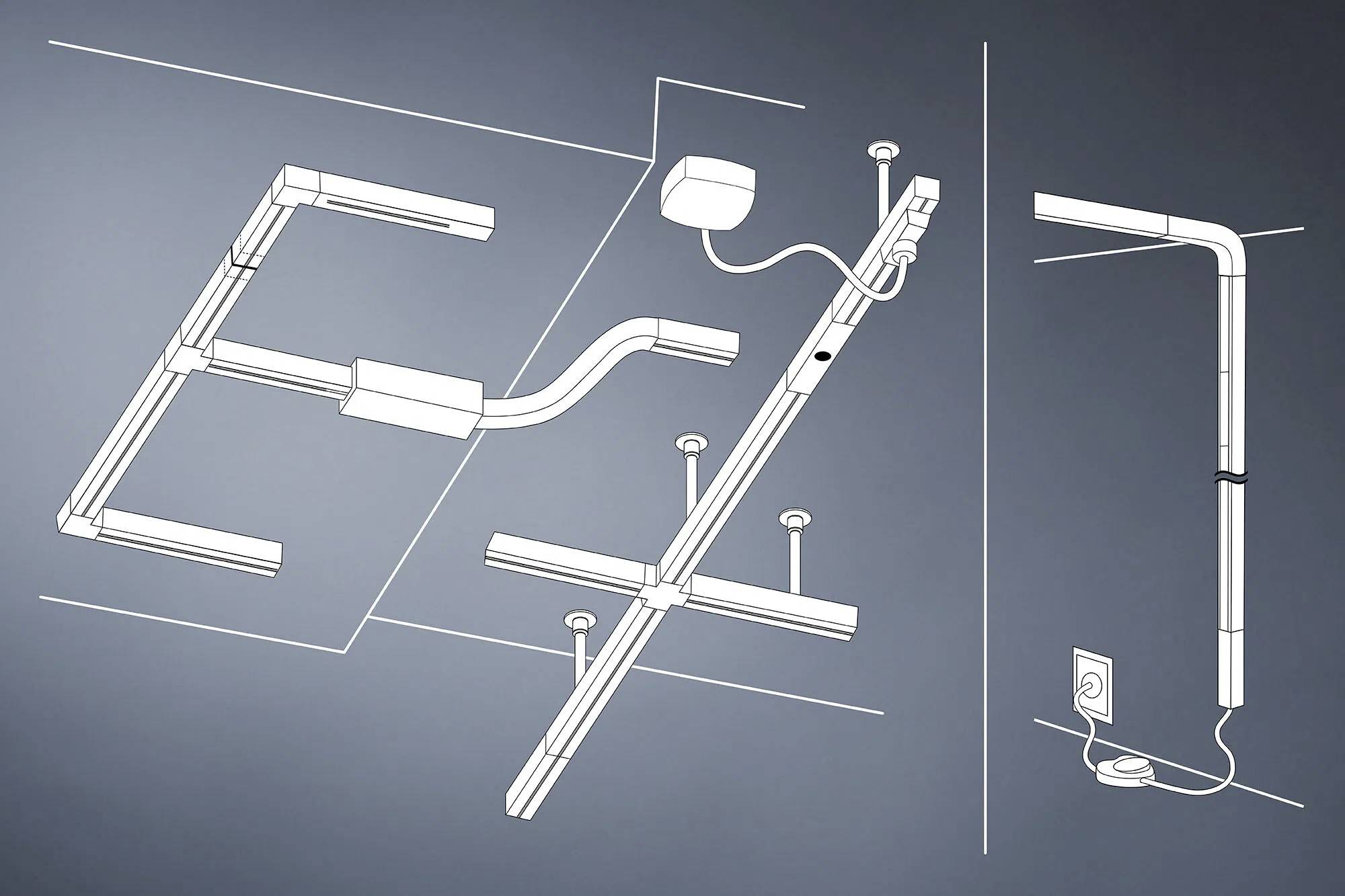Diagramm zeigt die Installation eines Rohrsystems an der Decke, umfasst Halterungen, Kabelverbindung und Bodensteckdose.