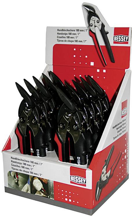 Ein Karton zeigt mehrere schwarze Handblechscheren von Bessey mit einer Länge von 180 mm (7"). Verpackung mit Markenlogo und Produktabbildung.