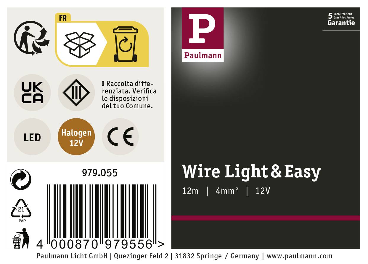 'Wire Light & Easy, 12m, 4mm², 12V.' Verpackungsetikett mit Recycling- und Garantiehinweisen. Symbole für LED, Halogen 12V und CE enthalten.