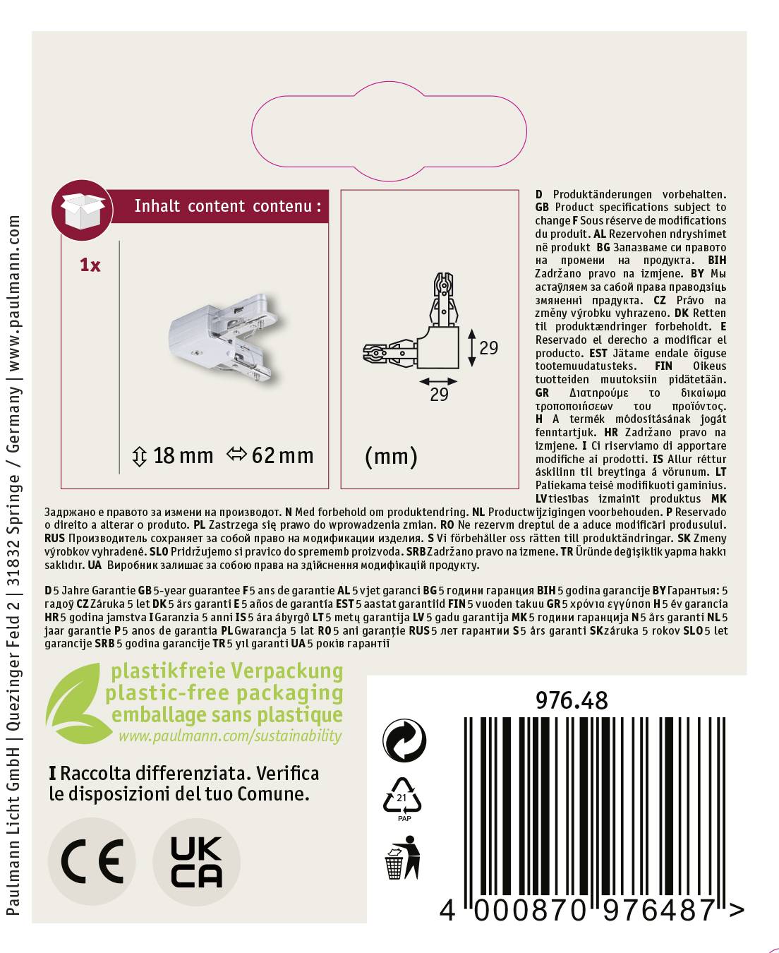 'Inhalt' enthält eine 62 mm lange Leuchte mit 18 mm Durchmesser. Auf der Verpackung: herstellerbezogene Informationen und Kartonsymbole.