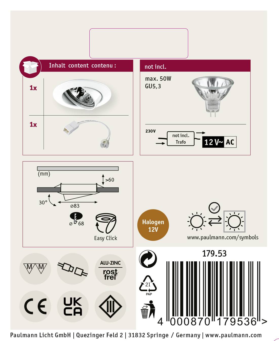 'Spot-Leuchte' Set: 1x Einbau-Rahmen für GU5.3; 1x Fassung inkl. Anschlussbox. Hinweis: Leuchtmittel nicht enthalten. Passend für 12V AC.