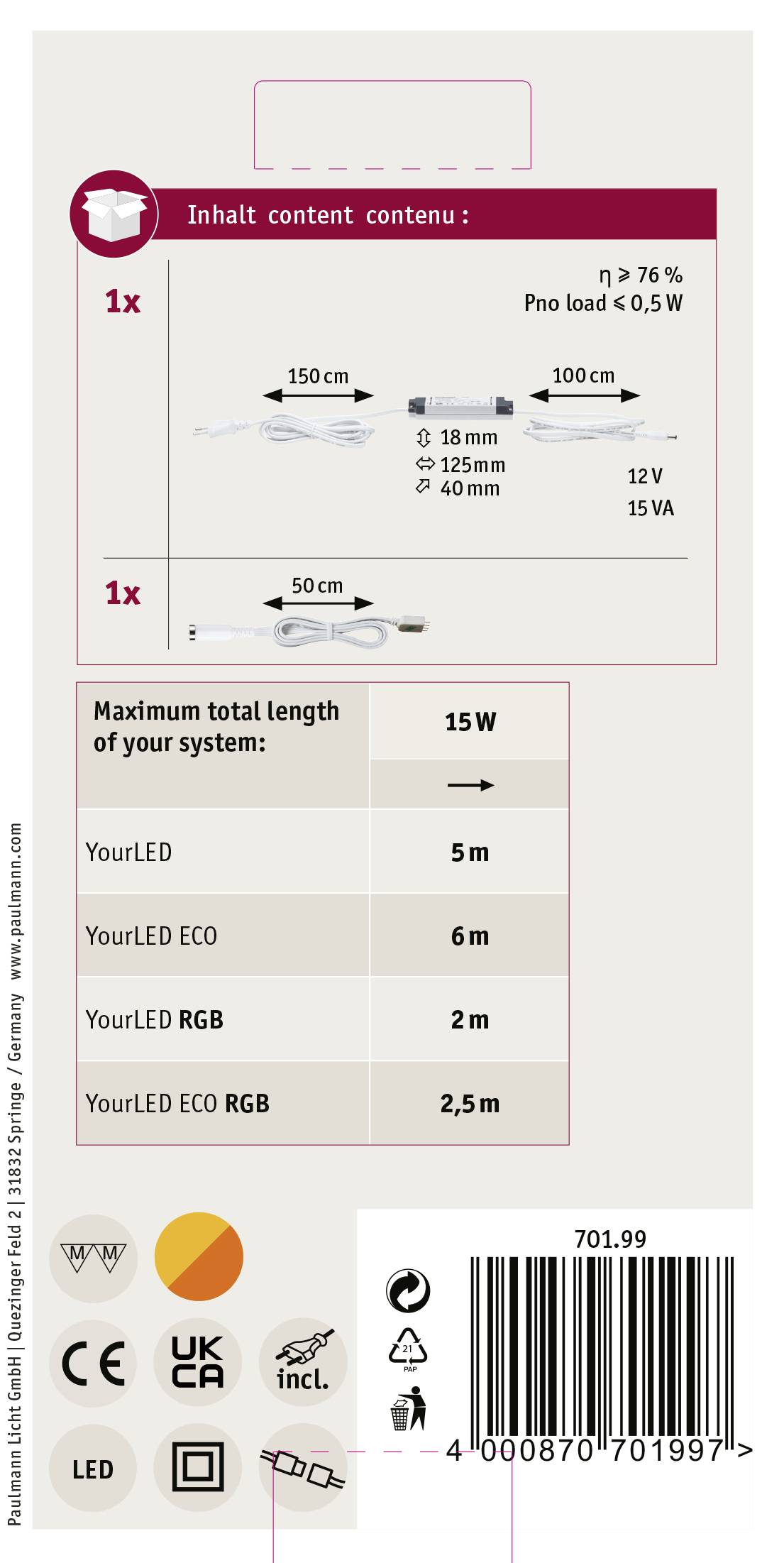 'Verpackungsrückseite für LED-Stromversorgung. Enthält Länge der Kabel (150 cm, 50 cm), maximale Systemlast (15W) und Nutzungshinweise.'