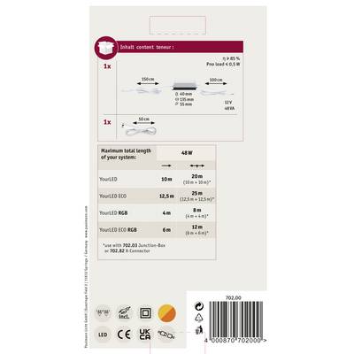 Verpackungsrückseite mit Informationen zu LED-Streifen. Zeigt kompatible Längen (10m, 12,5m, 6m), Leistung (48W max) und Zubehör.