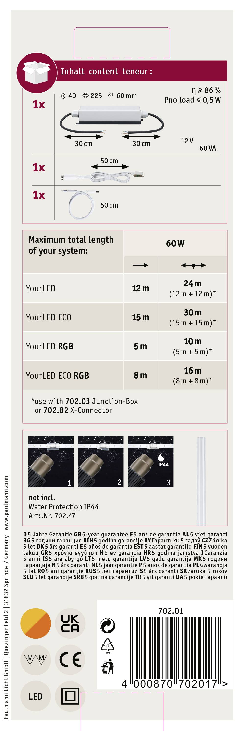 'Anleitung für LED-System: Enthält 1x derzeitigen Konnektor, 1x Leitungskabel und 1x Endstück. Maximale Systemlänge: 60W. Kompatibel mit verschiedenen LED-Modellen. Schutzart IP54.'
