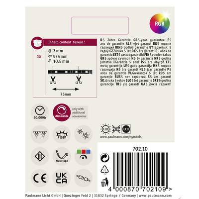 'Paulmann Licht' LED-Streifen-Verpackung mit Garantiehinweisen in mehreren Sprachen. Abmessungen, Dimmbarkeit, Energiesymbole und Webseite enthalten.