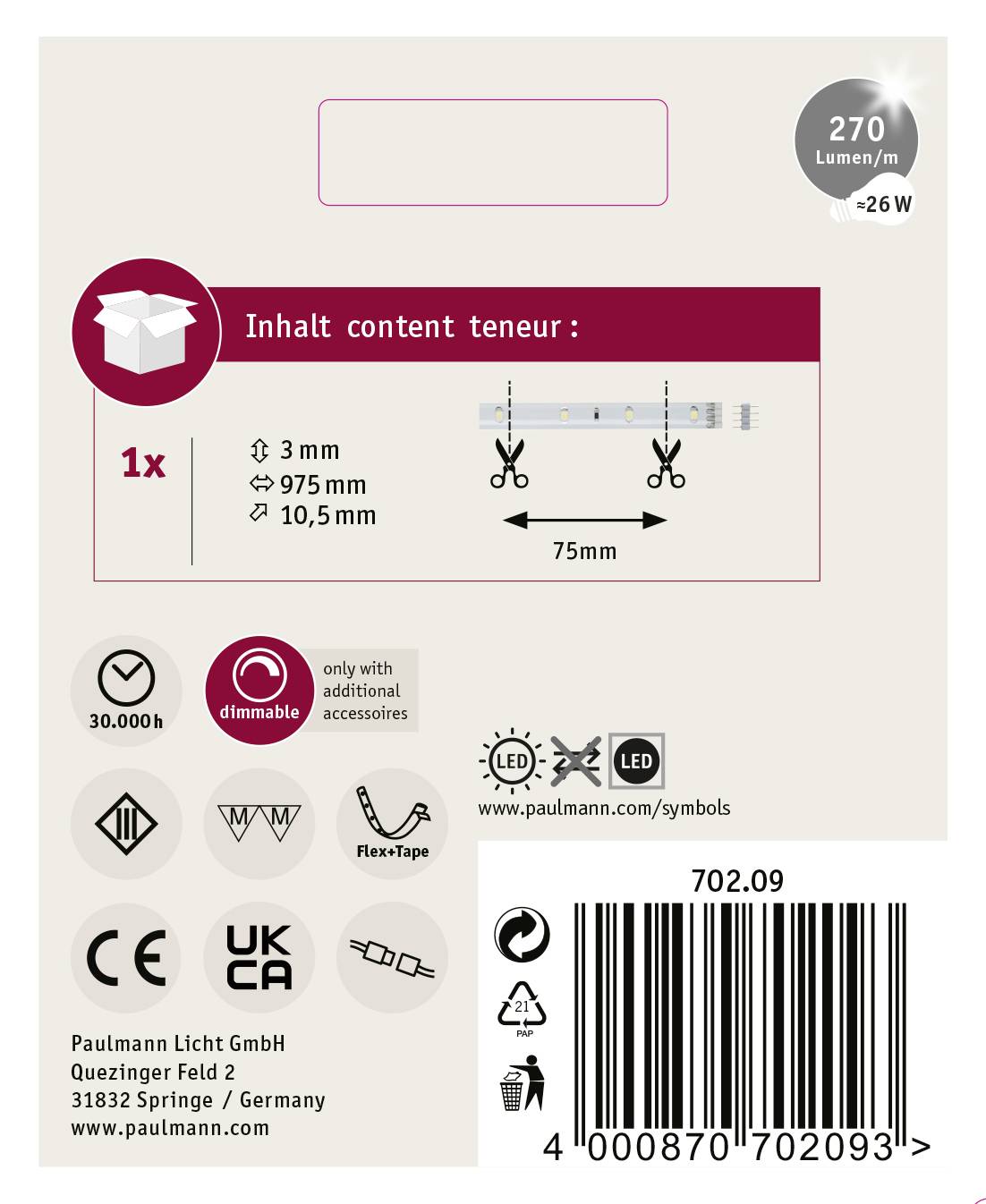'Inhalt: 1x flexibles LED-Band, Länge: 975mm, Breite: 3mm. Kürzbar alle 75mm. Dimmbare Funktion mit Zusatz.'