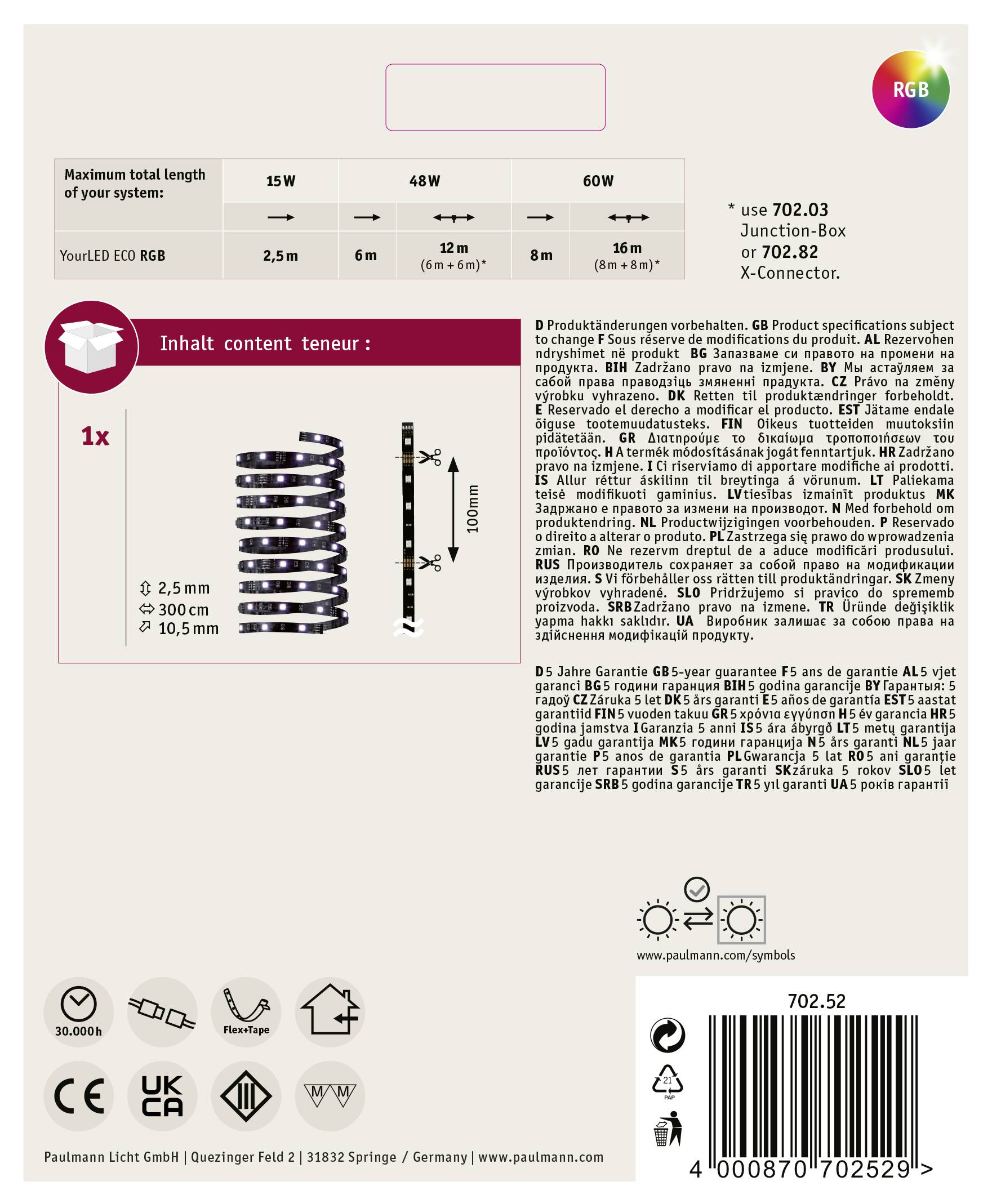 'Inhalt content teneur: 1x' zeigt ein Set, bestehend aus einem Leuchtstreifen von 5 m Länge und einem Verbindungsstück, sowie technischen Details zu Watt und Lumen.