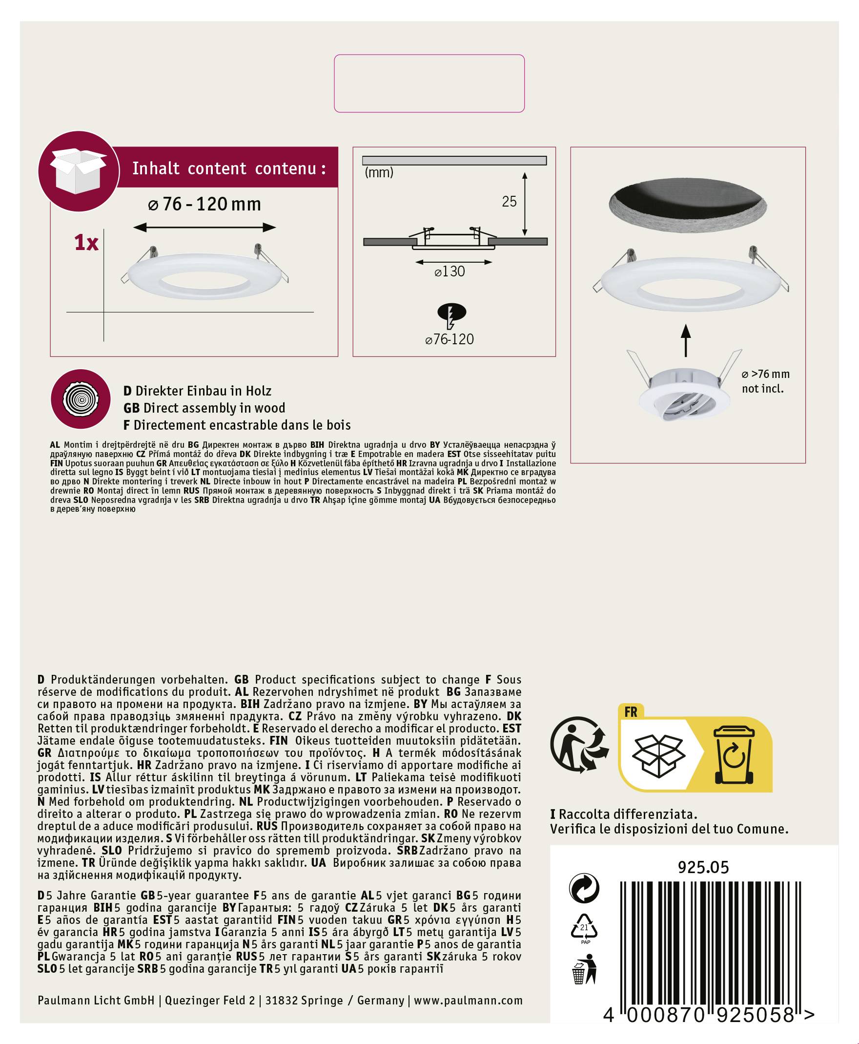 'LED-Einbaustrahler, 76-120 mm Durchmesser. Direkter Einbau in Holz. Energieklasse: A+. Enthält 1 Stk. mit Anleitungen auf Deutsch, Englisch und Französisch.'