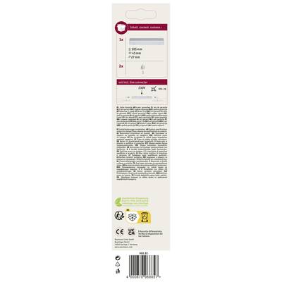 Verpackungsrückseite einer Glühlampe mit Symbolen für Energieklasse, Warnhinweise und Herstellerinformationen. Enthält Modell- und Leistungsdetails.