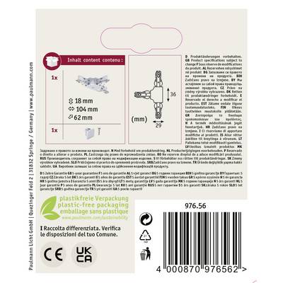 Verpackungsrückseite eines Produkts. Enthält Informationen über den Inhalt (1x Leuchte, 1x Befestigung), technische Spezifikationen, Recycling, Herstellerkontakt und Zertifizierungen.