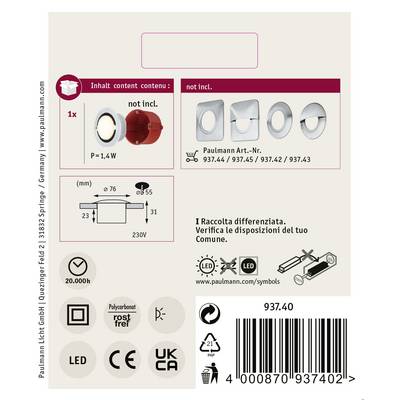 'Paulmann' Einbauleuchte Verpackung. Entspricht 230V, warmweiß, LED-kompatibel, nicht dimmbar, 20.000h Lebensdauer. Zubehör nicht enthalten.