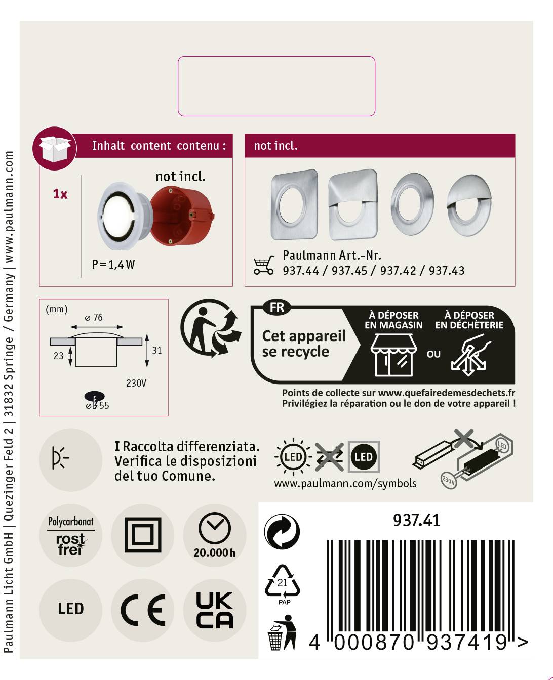 'Paulmann Reflektor EcoLamp' Verpackung. Enthält technische Details und Recyclinginformationen. Einige Teile nicht enthalten.