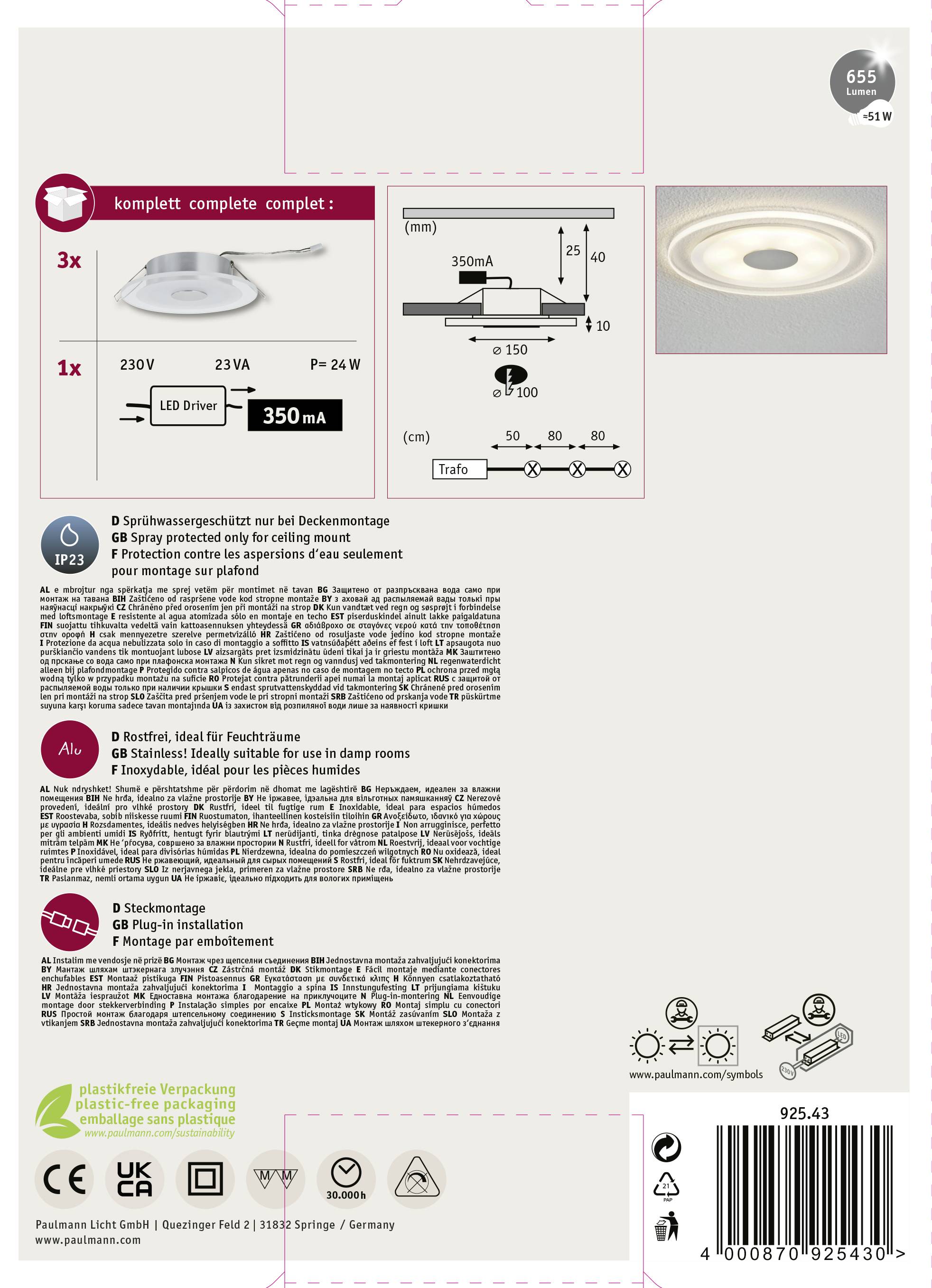 'Leuchten-Set mit Trimless Einbauleuchte, LED 7W, 3500K, Abmessungen und Anschlussdetails. Inklusive LED-Treiber 350mA.'