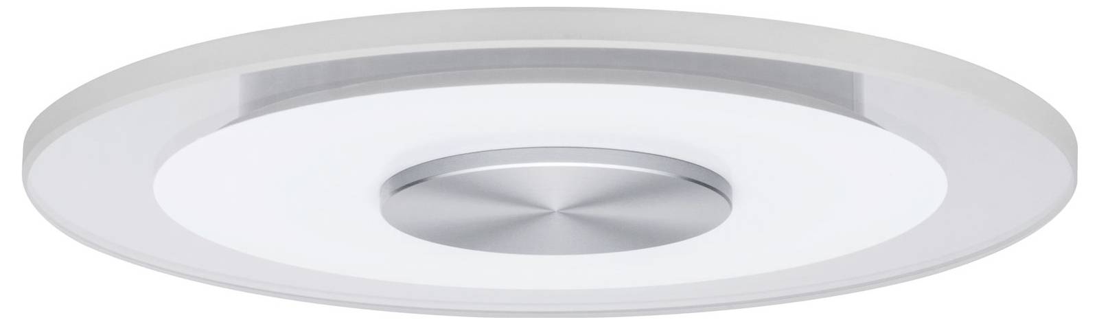 Runde LED-Deckenleuchte in moderner, minimalistischer Gestaltung mit zentralem Silberakzent vor weißem Hintergrund.