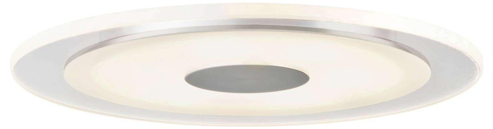Runde, flache LED-Deckenleuchte mit silbernem Ring, zentralem dunklem Kreis und warmweißem Licht, geeignet für moderne Innenräume.