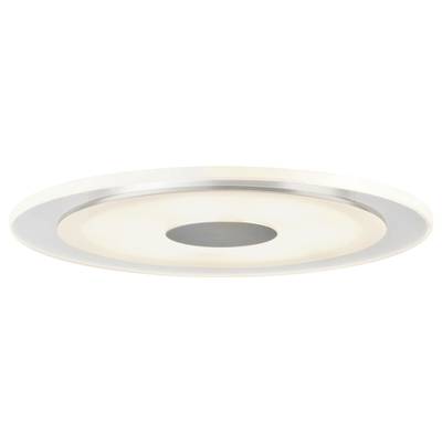 Runde, flache LED-Deckenleuchte mit silbernem Ring, zentralem dunklem Kreis und warmweißem Licht, geeignet für moderne Innenräume.