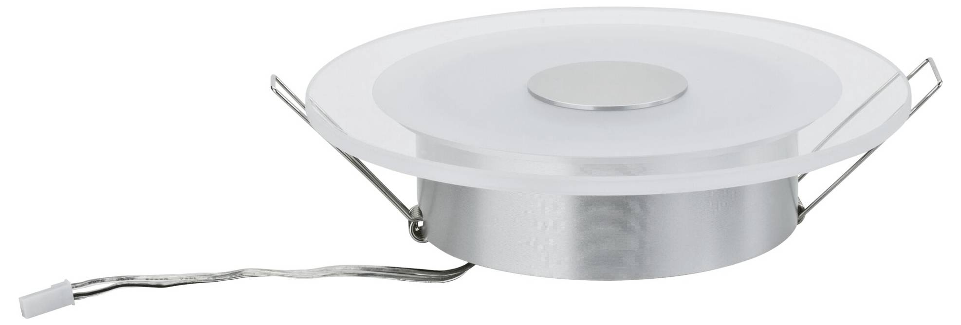 LED-Deckeneinbauleuchte mit silberfarbenem Gehäuse und rundem Design. Sichtbar ist ein Kabel zum Anschluss.