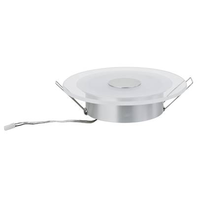 LED-Deckeneinbauleuchte mit silberfarbenem Gehäuse und rundem Design. Sichtbar ist ein Kabel zum Anschluss.