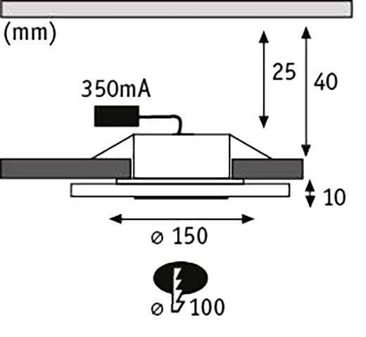 Einbauleuchten-Schema: Maße 40mm max. Höhe, 10mm min. Einbautiefe, 150mm Durchmesser, 100mm Bohrloch; Stromstärke 350mA.