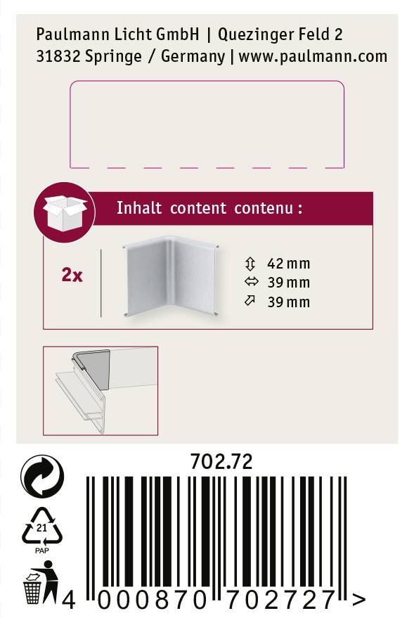 'Verpackungsetikett für Paulmann Licht Eckprofil-Bausatz. Enthält 2 Stück, Größe 42 mm x 39 mm x 39 mm.'