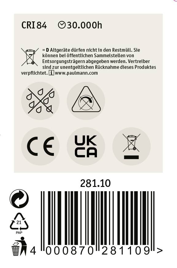 Etikett mit Symbole: Nicht im Restmüll entsorgen, CE-Kennzeichnung, Barcode, Produktlebensdauer 30.000 Stunden, CRI 84.