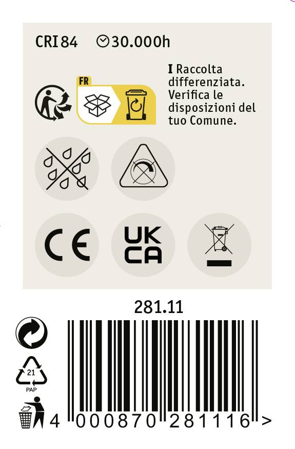 Verpackungsetikett einer Glühbirne mit Piktogrammen: 'Recycling-Symbol', 'CE', 'UKCA', 'Nicht im Hausmüll entsorgen', Barcode unten.