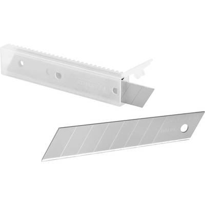 Ersatzklingen für ein Cuttermesser, einzeln verpackt in einer transparenten Plastikbox. Eine Klinge liegt separat daneben.