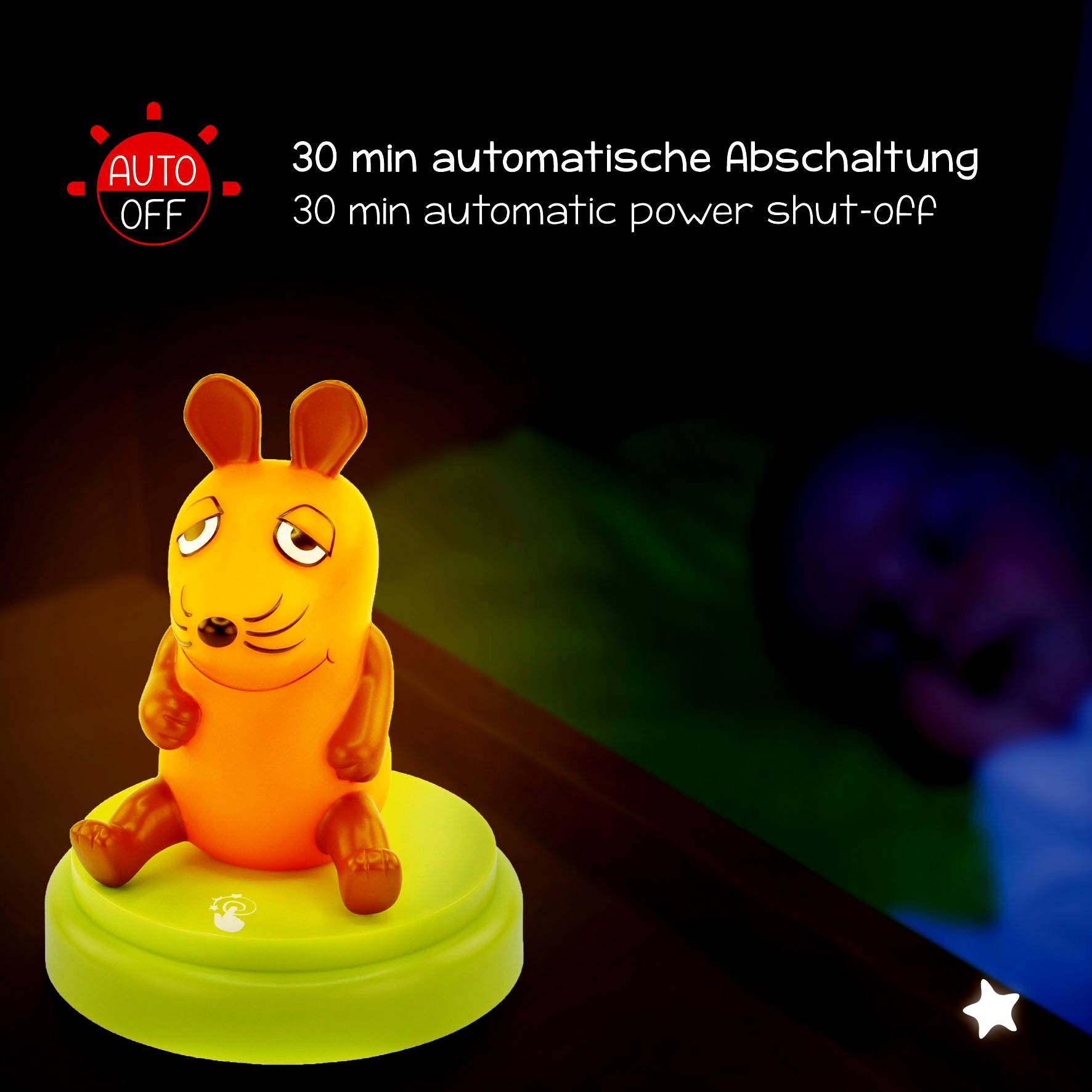 Ein orangefarbenes Nachtlicht in Form einer Maus strahlt und zeigt einen automatischen 30-Minuten-Abschalt-Timer an. Ein Kind schläft im Hintergrund.