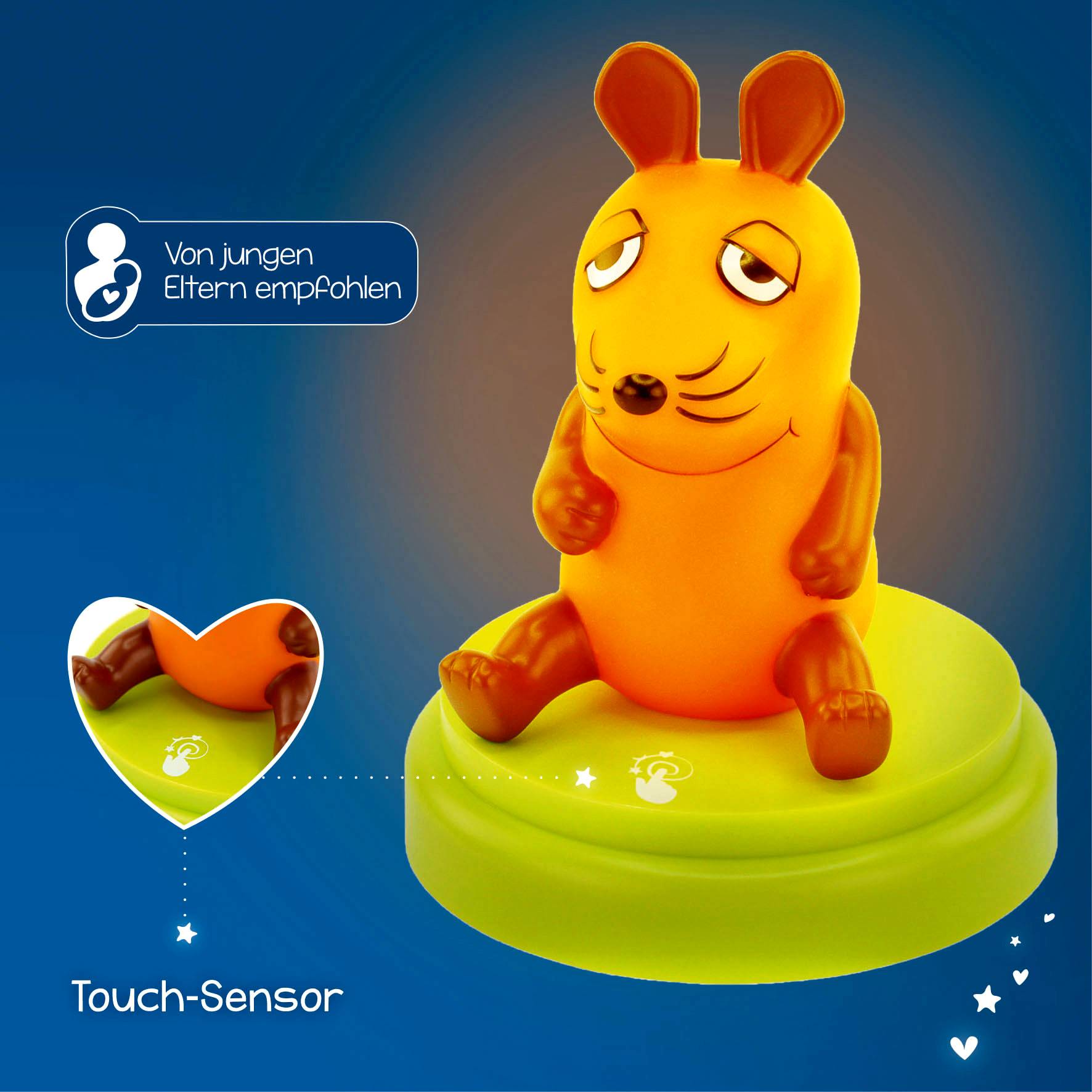Eine orange Mausfigur auf einem grünen Sockel. Links oben das Symbol für 'Von jungen Eltern empfohlen'. Unten steht 'Touch-Sensor'.