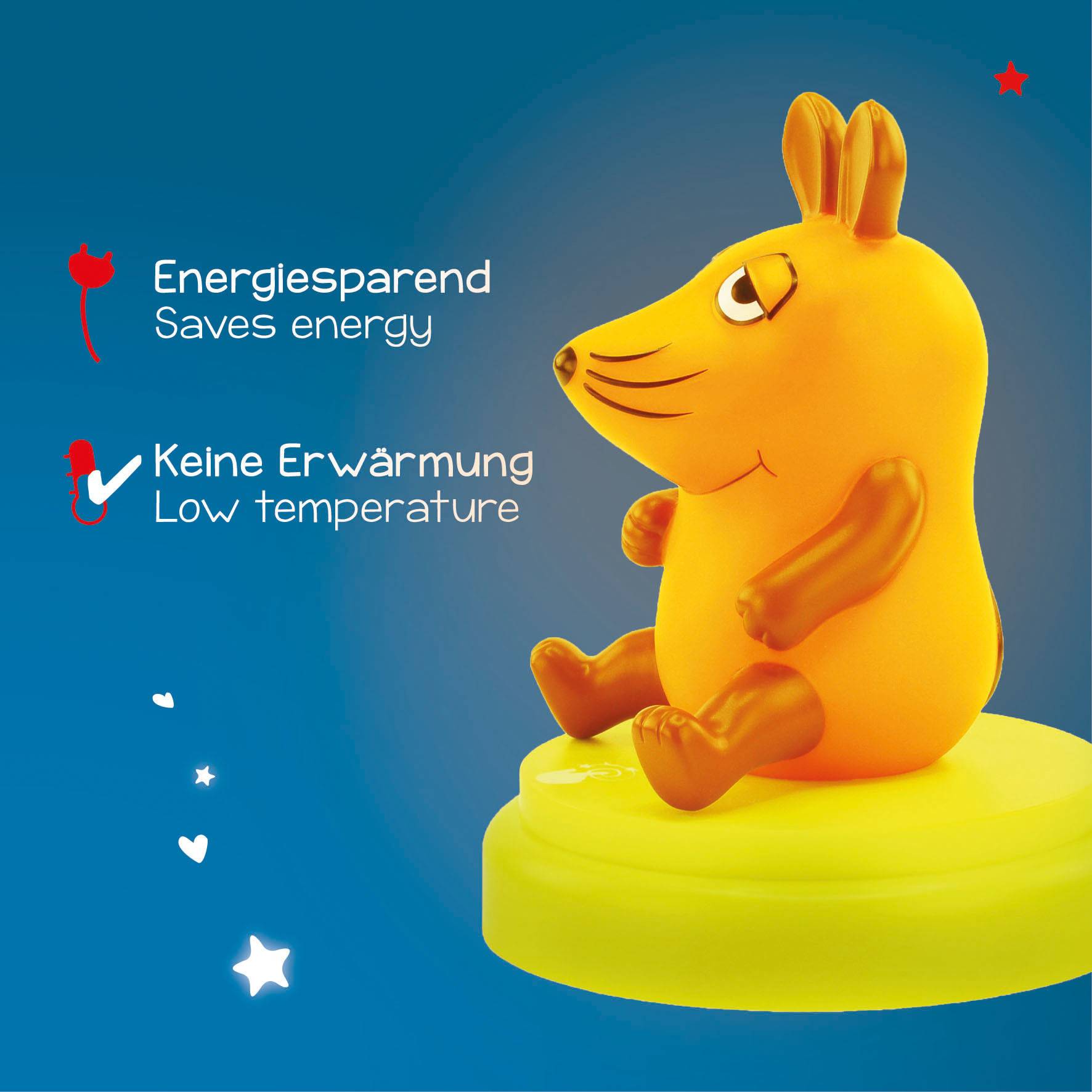 Ein orangefarbenes Kinderspielzeug in Mausform sitzt auf einem gelben Sockel. Text daneben lautet: 'Energiesparend, Keine Erwärmung'.